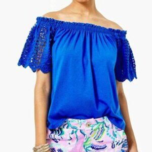 Lilly Pulitzer XL Fayette Off-The-Shoulder Crochet Embroidered Top in Baha Blue
